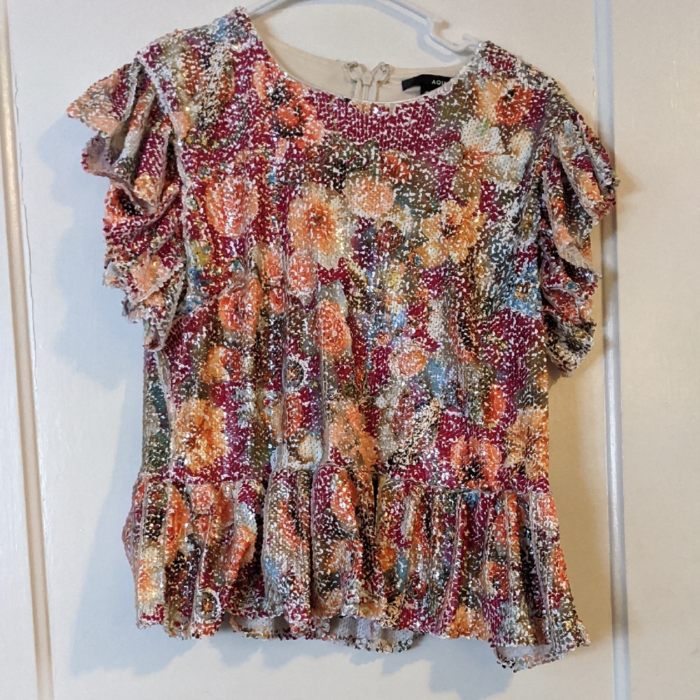 Floral Sequin Ruffle Top M Festival Indie Artsy Folk Whimsy Fairy Cottage Peplum